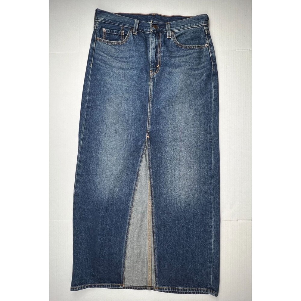 LEVI'S Women's Denim Maxi Skirt W27 Dark Blue Wash Front Slit Classic Jean Skirt